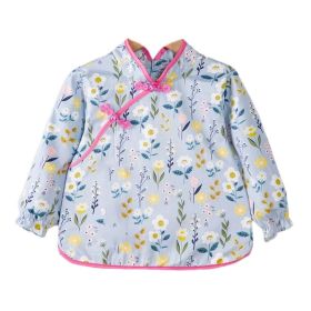 Chinese Style Baby Eating Bibs Inner Waterproof Kids Apron Girls Long Sleeve Painting Eating Smock,Blue Yellow Flowers