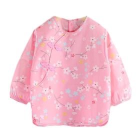 Pink Plum Blossom Baby Eating Smock Inner Waterproof Chinese Style Kids Bibs Long Sleeve Princess Apron