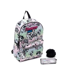 Justice The Powerpuff Girls 17" DIY Checkered Laptop Backpack with Marker Set and Pouch, White Multi-Color