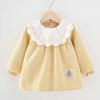 Yellow Grid Baby Eating Smock Long Sleeve Inner Waterproof Baby Bibs Girls Painting Smock Apron