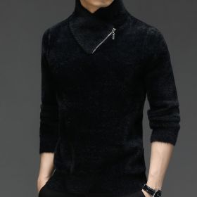 Plush Knitted Sweater Autumn And Winter Leisure Temperament Boy's Undershirt Top Thick Warm Sweater (Option: Black-M)