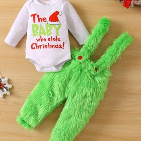 Adorable Baby Christmas Outfit - Funny Graphic Crew Neck Long Sleeve Romper + Green Fuzzy Suspender Pants Clothes Set (Color: Grass Green, size: 6-12M)