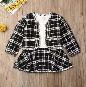 Baby Girl Contrast Design Long Sleeved Dress Combo Plaid Pattern Coat Chanel's Sets (Color: Black, Size/Age: 80 (9-12M))