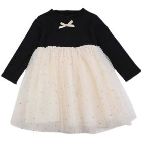Baby Girl Bow Tie Decoration Patchework Design Mesh Overlay Dress (Color: Black, Size/Age: 110 (3-5Y))