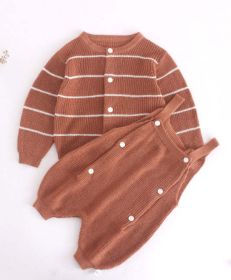 Baby Solid Color Knit Romper Combo Striped Graphic Cardigan Sets (Color: Coffee, Size/Age: 80 (9-12M))