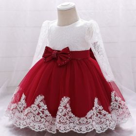 Baby Girl Bow Patched Design Long Sleeves Full Moon Christening Mesh Formal Dress (Color: Wine, Size/Age: 80 (9-12M))