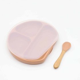 Baby Silicone Compartment Plate With Wooden Spoon (Color: Light Pink, Size/Age: Average Size (0-8Y))