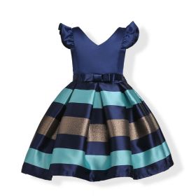 Baby Girl Striped Pattern V-Neck Western Style Formal Dress (Color: Blue, Size/Age: 120 (5-7Y))