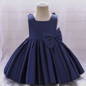 Baby Girl Solid Color Bow Patched Design Sleeveless Western Style Satin Dress (Color: Navy Blue (Dark Blue), Size/Age: 80 (9-12M))