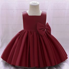 Baby Girl Solid Color Bow Patched Design Sleeveless Western Style Satin Dress (Color: Red, Size/Age: 80 (9-12M))