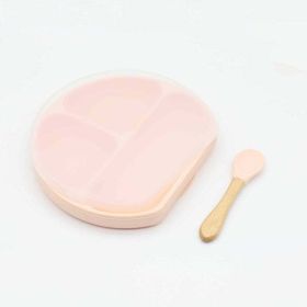 Baby Silicone Compartment Plate With Wooden Spoon (Color: White, Size/Age: Average Size (0-8Y))