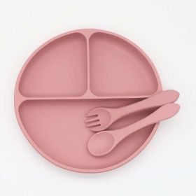 Baby Silicone Round Sucker Compartment Dinner Plate With Spoon Fork Sets (Color: pink, Size/Age: Average Size (0-8Y))