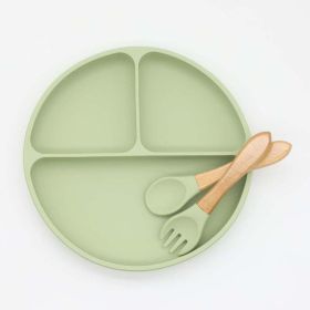 Baby Silicone Round Sucker Compartment Dinner Plate With Spoon Fork Sets (Color: Green, Size/Age: Average Size (0-8Y))