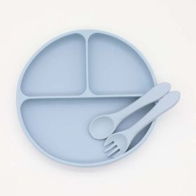 Baby Silicone Round Sucker Compartment Dinner Plate With Spoon Fork Sets (Color: Blue, Size/Age: Average Size (0-8Y))
