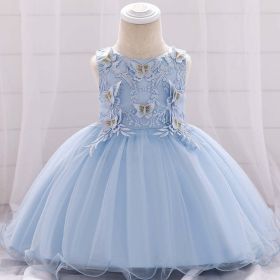 Baby Girl Butterfly Patched Graphic Sleeveless Western Style Baptism Birthday Dress (Color: Blue, Size/Age: 80 (9-12M))