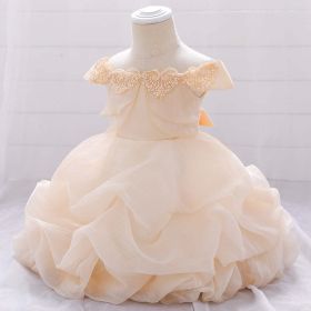 Baby Girl Solid Color One Shoulder Design Tutu Formal Dress Baptism Birthday Dress (Color: Apricot, Size/Age: 120 (5-7Y))