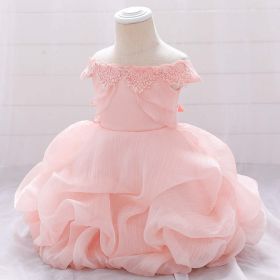 Baby Girl Solid Color One Shoulder Design Tutu Formal Dress Baptism Birthday Dress (Color: pink, Size/Age: 90 (12-24M))