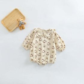 Baby Girl Flower Bear Print Pattern Doll Neck Sweet Bodysuit (Color: Beige, Size/Age: 73 (6-9M))