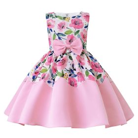 Baby Girl Flower Graphic Bow Patched Design Princess Screen Dress (Color: pink, Size/Age: 150 (10-12Y))