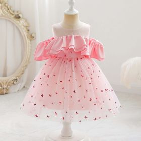 Baby Girl Sequin Patched Design Mesh Patchwork Formal Princess Dress (Color: pink, Size/Age: 110 (3-5Y))