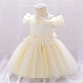 Newborn Baby Girl Birthday Baptism Dress One Shoulder Puff Sleeves Princess Dress (Color: Apricot, Size/Age: 90 (12-24M))