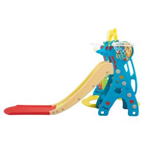 5 in 1 Slide and Swing Playing Set, Toddler Extra-Long Slide with 2 Basketball Hoops, Football, Ringtoss, Indoor Outdoor XH (Color: yellow blue)