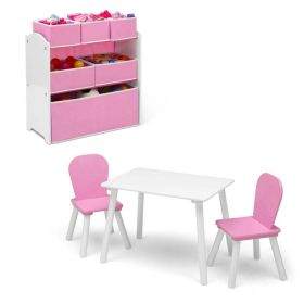 4 Piece Playroom Set - Includes Game Table with Dry Erase Surface and 6 Box Toy Storage Box with Reusable Vinyl Stickers (Color: Pink/White, Material: MDF)