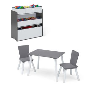 4 Piece Playroom Set - Includes Game Table with Dry Erase Surface and 6 Box Toy Storage Box with Reusable Vinyl Stickers (Color: Grey/White, Material: MDF)