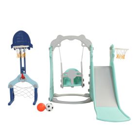 5 in 1 Slide and Swing Playing Set, Toddler Extra-Long Slide with 2 Basketball Hoops, Football, Ringtoss, Indoor Outdoor XH (Color: Gray green)