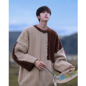 Design Niqi Pullover Patchwork Contrast Color Sweater For Boys Autumn And Winter (Option: Khaki-XL)