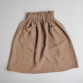 Cotton Skirt Mori Style Double Pocket Design Elastic Waist Versatile Mid-length Princess Dress (Option: Khaki-120cm)