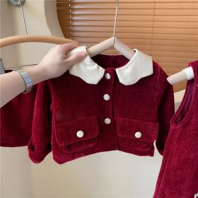 New Year Girl's Bright Silk Bow Fleece-lined Suspender Skirt Keep Baby Warm Coat Casual Fashion Red Skirt Fashion (Option: H333 Coat-110cm)