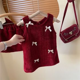 New Year Girl's Bright Silk Bow Fleece-lined Suspender Skirt Keep Baby Warm Coat Casual Fashion Red Skirt Fashion (Option: H222 Vest Skirt-130cm)